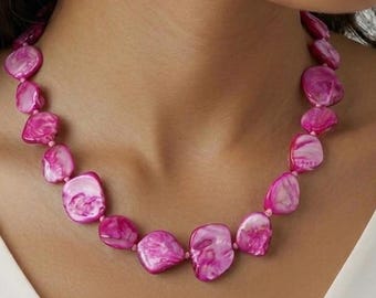 Chunky Pink Mother of Pearl Necklace, Unusual Beaded Statement Necklace, Hypoallergenic Jewellery Etsy UK Shop