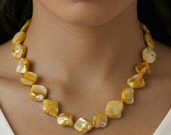 Chunky Sunshine Yellow Gold Mother of Pearl Necklace, Unusual Beaded Statement Necklace, Hypoallergenic Jewellery Etsy UK Shop