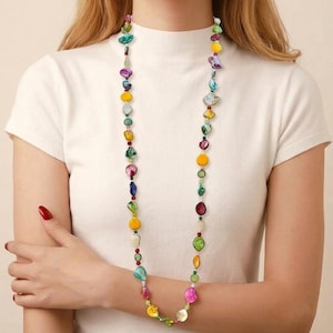 Long collier épais en nacre arc-en-ciel avec bracelet de perles et boucles d'oreilles, collier ras de cou de plage perlé simple rang