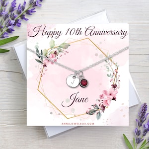 Biglietto personalizzato Regalo per il 10° anniversario Collana iniziale con pietra portafortuna Regalo per la mamma, Gioielli con pietra portafortuna con nome personalizzato, Regalo per l'anniversario di matrimonio