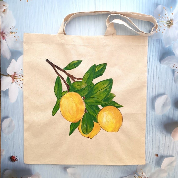 Hand Painted Lemon Tote Bag - Handmade Citrus Tote Bag - Cute Canvas Tote Bag - Eco Friendly Tote Reusable Bag - Plant Tote Shoulderbag UK