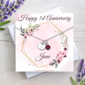 Tarjeta personalizada 1er aniversario regalo piedra de nacimiento collar inicial regalo para mamá, nombre personalizado joyería de piedra de nacimiento, regalo de aniversario de boda