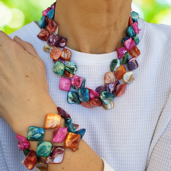 Mother Of Pearl Beaded Chunky Necklace, Freshwater Baroque Pearl Beads Bracelet, Anniversary Bridesmaid Bride Gift, June Birthstone Bracelet