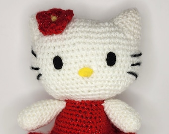 Crochet Kitty in Red, Amigurumi Kitty, Nine Inch Kitty With Red Dress