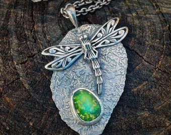 Ala Sonara Dragonfly Pendant Necklace in Sterling Silver with Sonoran Turquoise Handmade OOAK