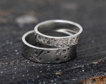 Amor Aeternus Ring Set, in Sterling Silver, 4mm and 6mm, Matching Celestial Ring Set, Artisan Unique Wedding Ring Set,  His and Her Rings,