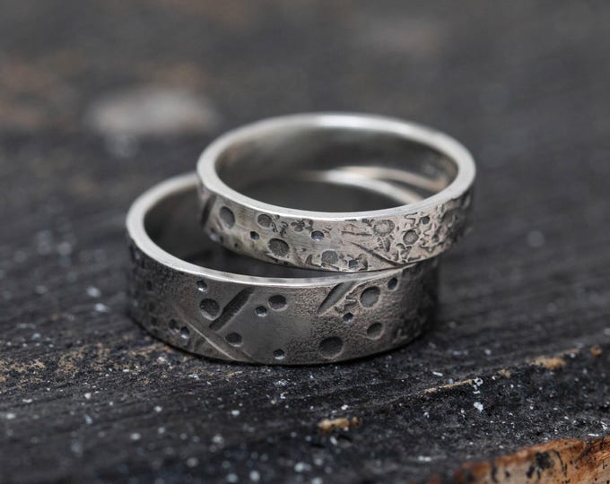 Amor Aeternus Ring Set, in Sterling Silver, 4mm and 6mm, Matching Celestial Ring Set, Artisan Unique Wedding Ring Set,  His and Her Rings,