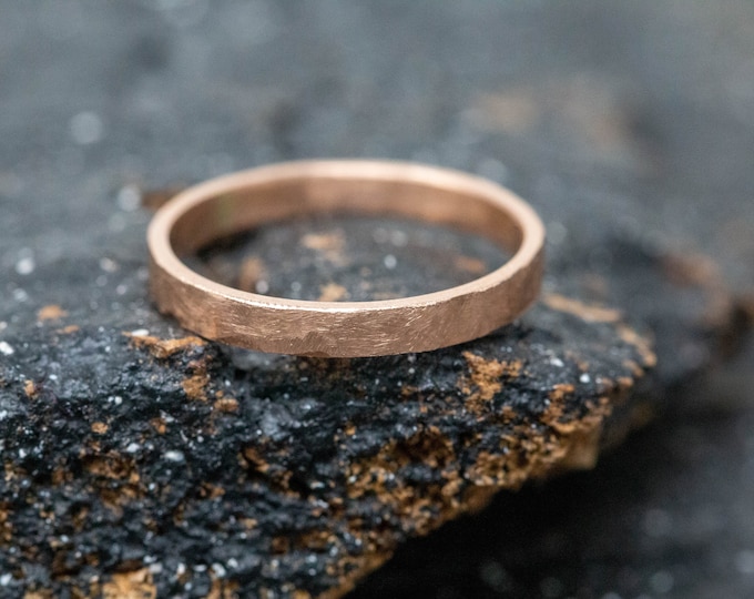 Ictus Ring, 2mm Wide, 9ct Rose Gold, Minimalist Wedding Ring, Handforged, Handmade Slim Rose Gold Ring, Women's Wedding Ring