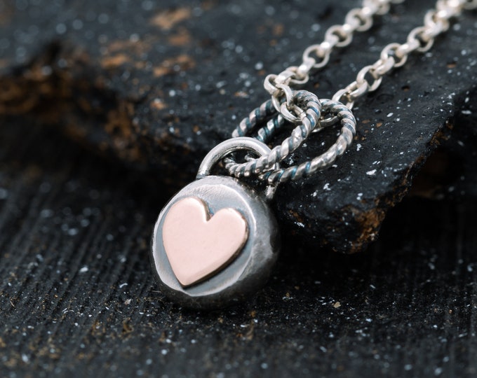 Devota Pendant Necklace, Sterling Silver with 9ct Rose Gold Heart, Rustic Pebble Necklace, Dainty Handmade Jewellery