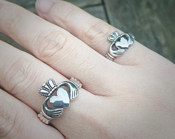 Claddagh Ring Set, Sterling Silver, Irish Wedding Ring Set, Irish Heritage Jewellery, Love, Loyalty n Friendship, Couples Promise Rings