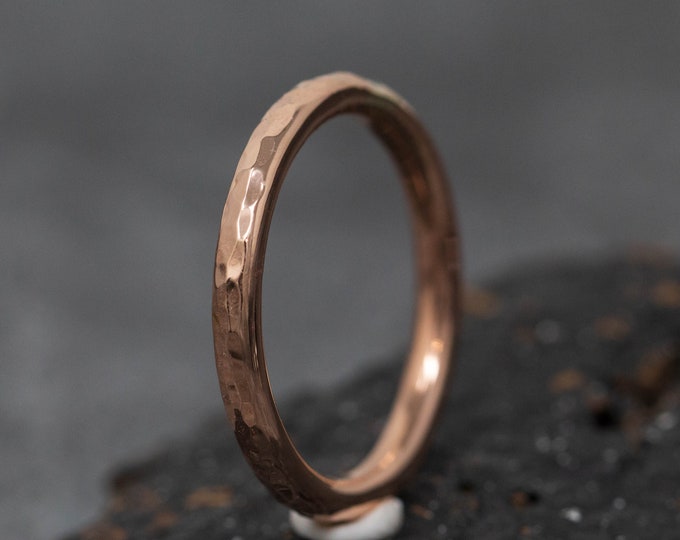 2.6mm Wide SOLID 9ct Rose Gold Ring, Hammered and Polished, Handmade 9ct Rose gold Wedding Ring, Gift for Her