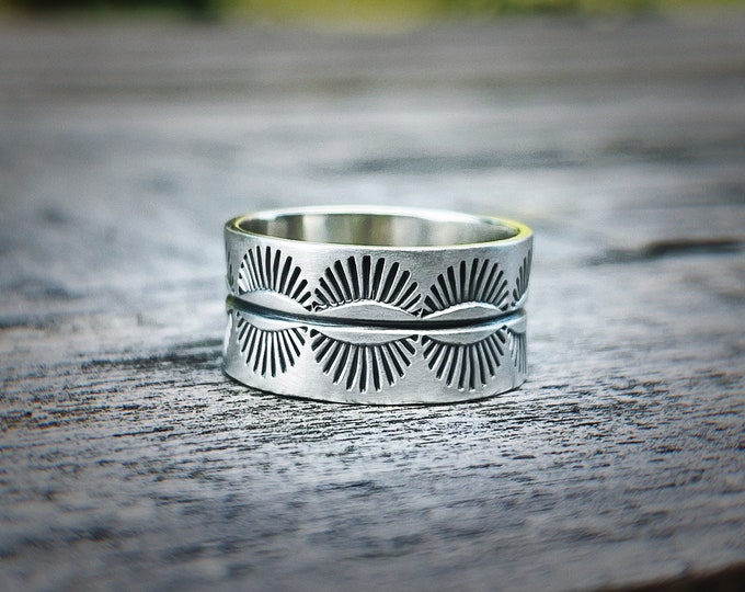 10mm Sterling Silver Hand Stamped Ring, Mirroring Sun Ray, Navajo, Geometric Patterned, Southwestern Style Ring, Thumb Ring, Unisex Ring