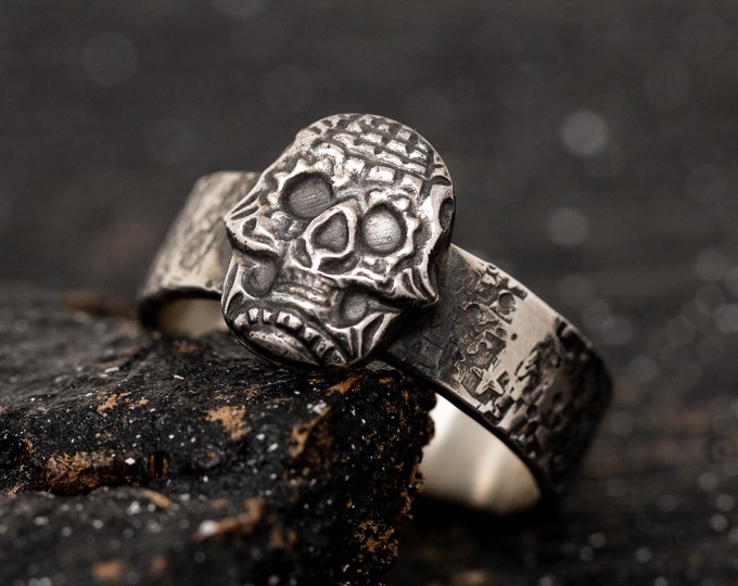 Sterling Silver Skull Ring, Sugar Skull Ring, Gothic Scheme Ring, Handmade Mens Ring Band, Biker Ring, Halloween Jewellery, Gift for Him
