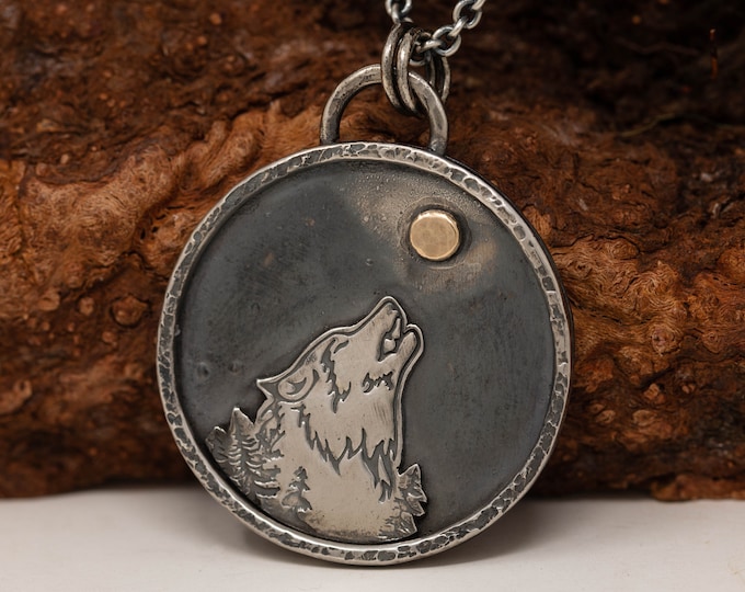 Handmade Sterling Silver and 9ct Yellow Gold Howling Wolf Pendant Necklace, Wolf Necklace, Wolf and Full Moon Necklace, OOAK Jewellery