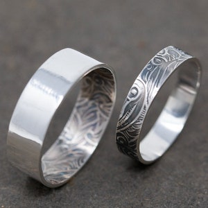 Sterlingzilveren ring met bloemen: ambachtelijke bijpassende bandjes, 4 mm en 6 mm