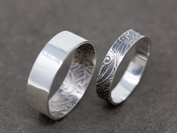Sterling Silver Wedding Rings Wedding Band Set Couple Promise Ring Set Matching Couples Rings Floral Rings Silver Floral Ring Set