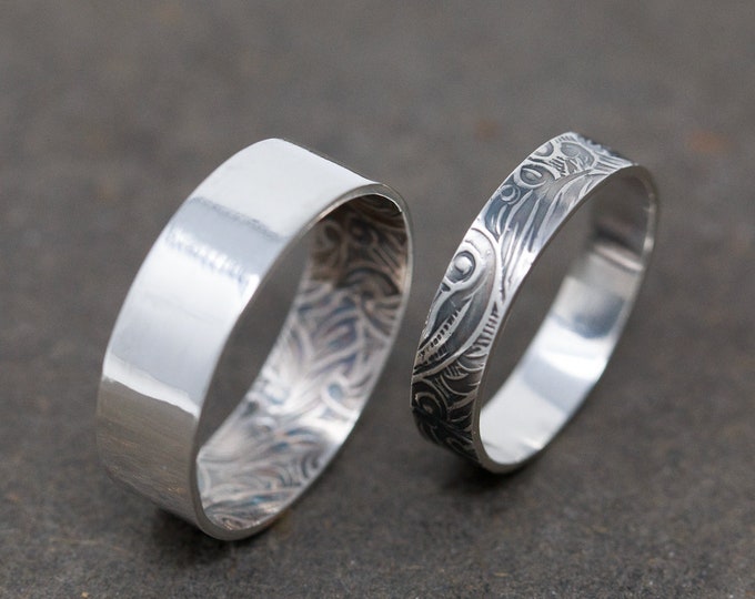 Flouris et Qccultum Ring Set, Sterling Silver, 4mm and 6mm Wide, Floral Patterned Matching Ring Set, Romantic, Artisan, Made to Order