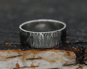 8MM Wide Sterling Silver Rustic Ring, Men's Wedding Band, Unisex Ring, Handmade Embossed Ring, Hammered Ring, Textured Ring, Gift for Her