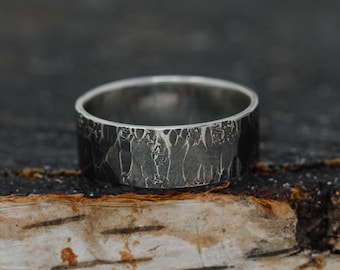 8mm Wide Iter Ring, Sterling Silver Textured Ring, Rustic Handmade Band, Unisex Silver Ring, Unique Path-Inspired Wedding Ring