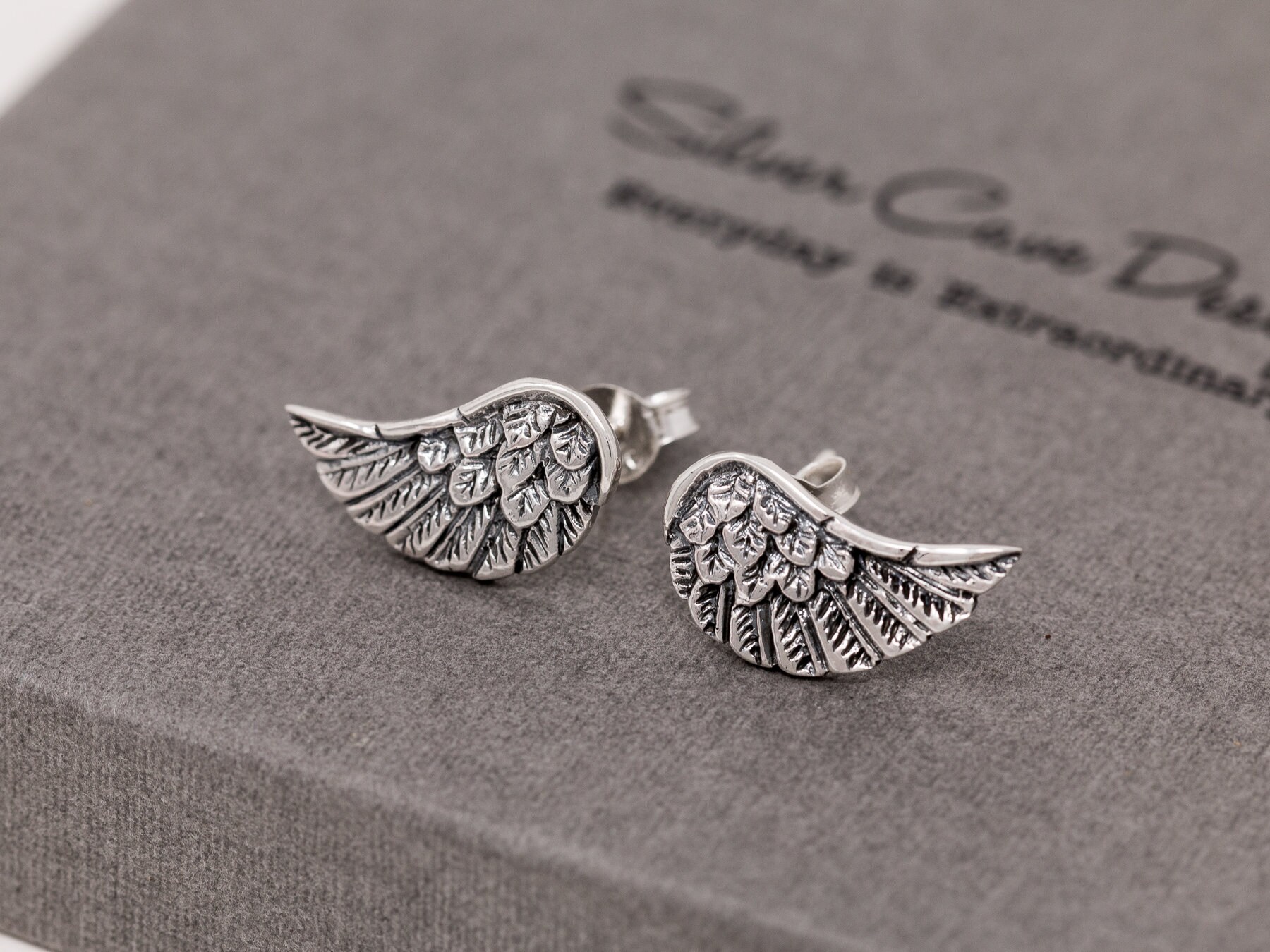 Small Angel Wing Post Stud Earrings Antiqued Sterling Silver Small Angel Wing Post Stud Earrings Antiqued Sterling Silver