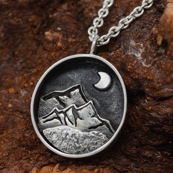 Handmade Sterling Silver Landscape Pendant Necklace, Summit and Crescent Moon Necklace, Miniscape Necklace, Gift for Her, OOAK Necklace