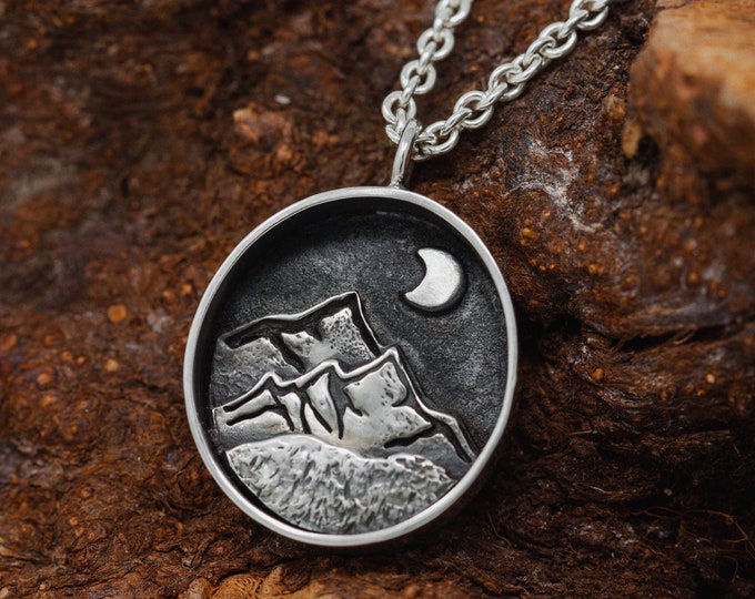 Handmade Sterling Silver Landscape Pendant Necklace, Summit and Crescent Moon Necklace, Miniscape Necklace, Gift for Her, OOAK Necklace