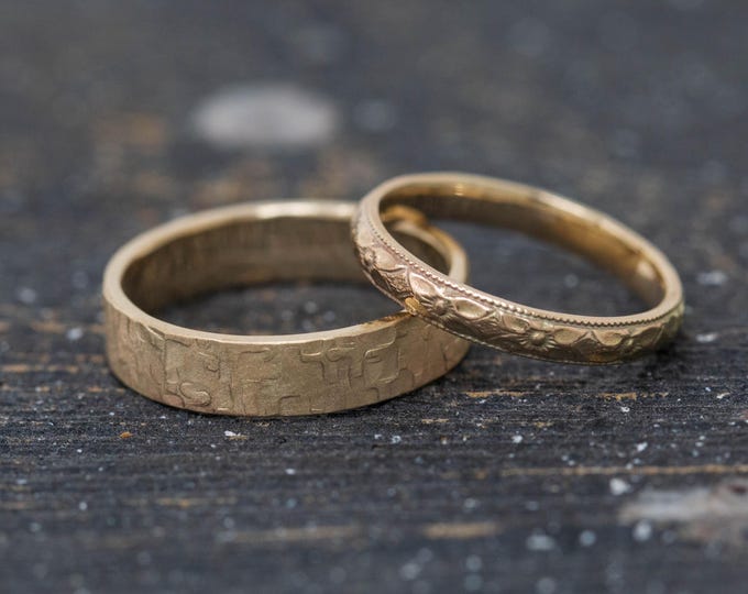 Quatre et Fortitudo Ring Set – 9ct Yellow Gold Wedding Bands, Textured & Floral Ring Duo, Handmade Gold Couple Rings, His and Hers Rings