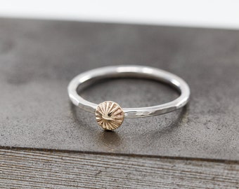 Stella Signet Ring in Sterling Silver & 9ct Yellow Gold, Minimalist Starburst Ring, Sea Urchin-Inspired Stackable Ring, Mixed Metal Jewel