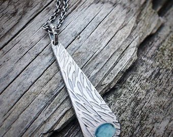 Emigrare Necklace, Sterling Silver Long Drop Pendant Necklace with Aquamarine, Schools of Fish Patterned, OOAK, March Birthday Gift