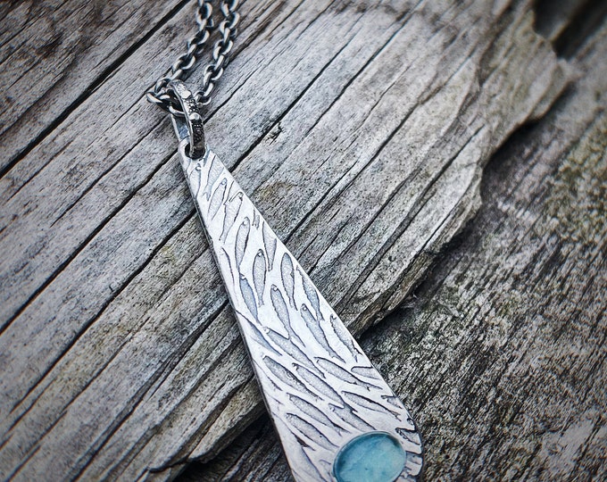 Emigrare Necklace, Sterling Silver Long Drop Pendant Necklace with Aquamarine, Schools of Fish Patterned, OOAK, March Birthday Gift