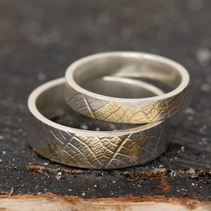 Sterling Silver and Gold Leaf Rings, 24K Keum Boo Leaf Patterned Wedding Band Set, Couples Rings, Matching Engagement Rings