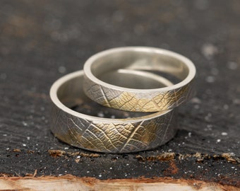 Sterling Silver and Gold Leaf Rings, 24K Keum Boo Leaf Patterned Wedding Band Set, Couples Rings, Matching Engagement Rings