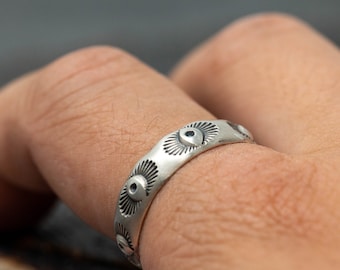 6mm Sterling Silver Navajo Ring, Hand Stamped Evil Eye Patterned Ring, Handmade Ring, Southwestern Style Ring, Gift for Her