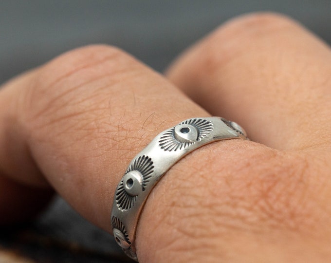 6mm Sterling Silver Navajo Ring, Hand Stamped Evil Eye Patterned Ring, Handmade Ring, Southwestern Style Ring, Gift for Her