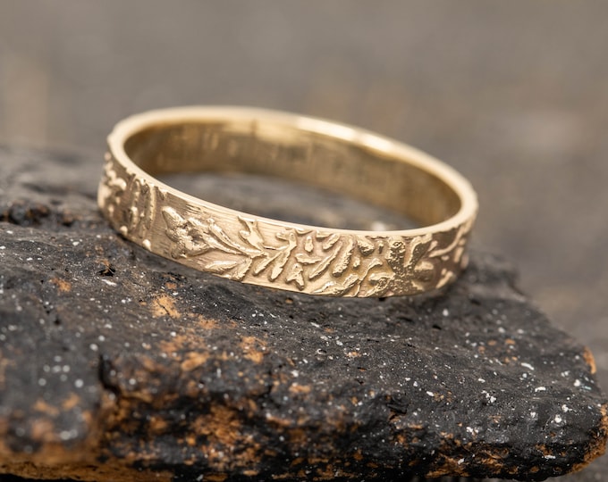 4mm Wide Solid 9ct Yellow Gold Rustic Floral Ring, 9ct Gold Floral Patterned Ring, Handmade Gold Ring, Womens Gold Ring, Gift for Her