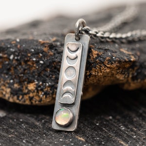 Sterling Silver Phases of the Moon Pendant Necklace with Opal, Petite Bar Pendant Necklace, October Birthstone, Gift for Her