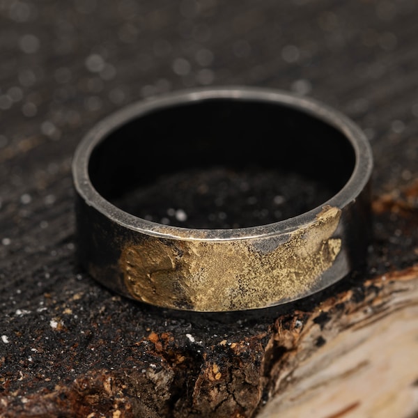 6MM Sterling Silver & 24K Gold Keum Boo Rustic Ring, Mens Rustic Band , Unique Wedding Ring, Promise Ring, Gift for Him, Gift for Her