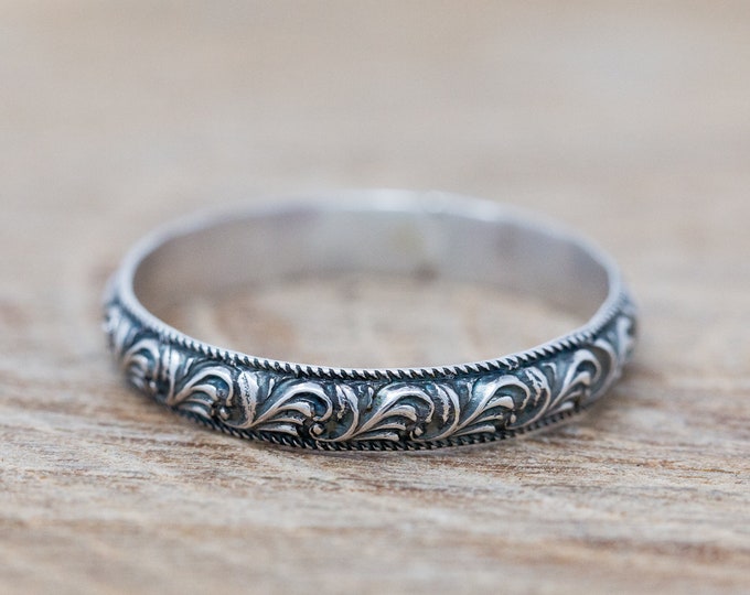 Serenitas Ring, Sterling Silver Scroll Pattern Ring, 4mm Wide Band, Unisex Vintage-Inspired Ring, Serenity Symbol, Gift for Her