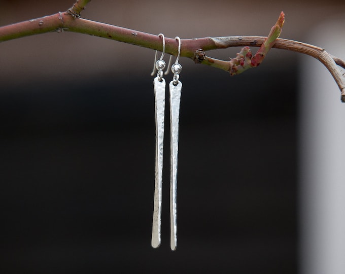 Sterling Silver Long Textured Earrings|Silver Hammered Earrings|Silver Long Drop Earrings|Hammered Silver Bar Earrings|Gift for Her