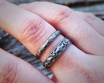Quatre Sterling Silver Ring Set, 2.9mm + 5mm Four Petal Flower Pattern Wedding or Promise Rings, Symbolic Floral Design, Handcrafted