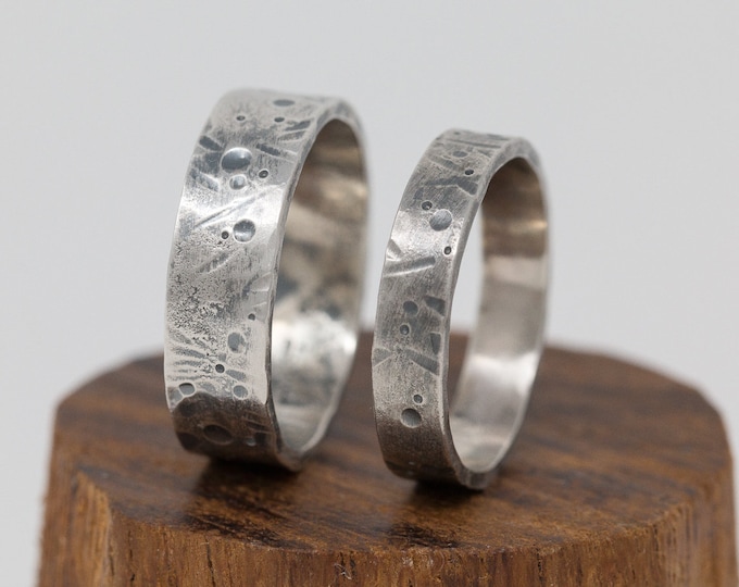 Sterling Silver Wedding Ring Set, Matching Celestial Ring Set, Unique Wedding Ring Set, Handmade Wedding Bands, His and Her Rings
