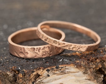 9ct Rose Gold Amor Aeternus Ring Set, 2mm and 4mm Wide, Celestial Inspired Matching Couples Rings, Hand Embossed, Artisan, Custom Made