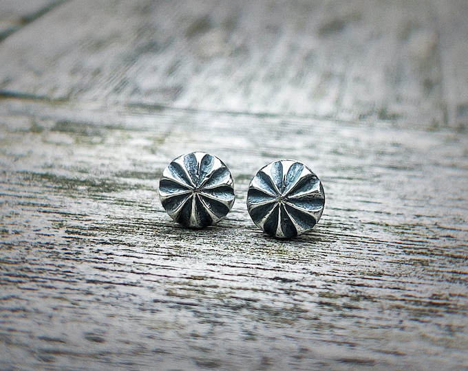 Luna Concho Studs, Sterling Silver Earrings, 7mm Rustic Moonlight Inspired Earrings, Southwestern Concho Design, Boho Chic Jewellery