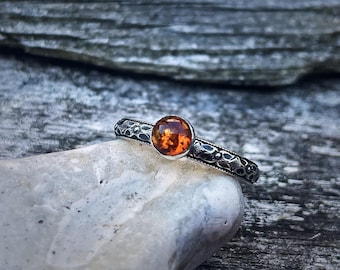 Quatre Amber Ring, Sterling Silver October Birthstone Ring, 5mm Amber Cabochon, Inspirational Energy Stone Ring, Handmade Boho Ring