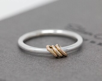 Motu Pacis Ring, Sterling Silver and 9ct Gold Fidget Ring, Spinner Ring with Three Gold Beads, Meditation Ring, Kinetic Jewellery, Handmade