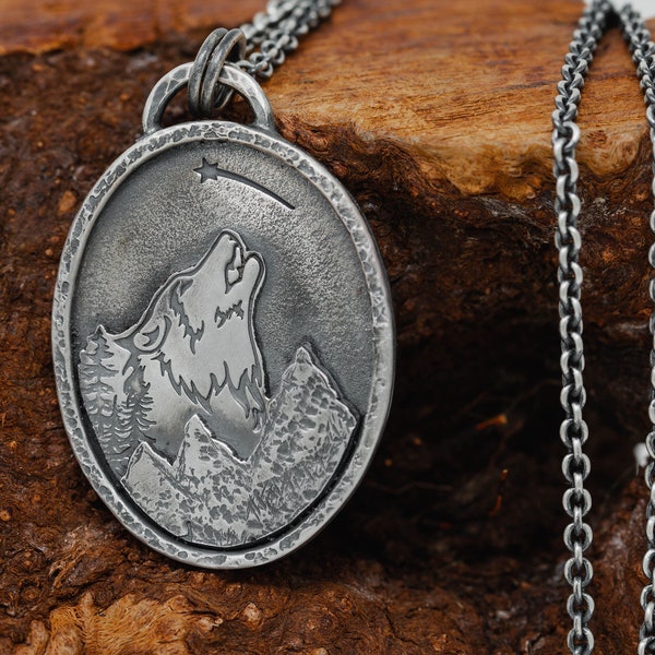 Handmade Sterling Silver Lone Wolf Pendant Necklace, Lonely Wolf and Shooting Star Necklace, Jack London, landscape Necklace, Unisex Gift