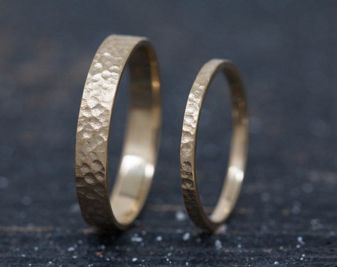 Handmade Gold Wedding Ring Set, 3mm and 1.5mm Wide, Coastal Cliff Texture, Handforged, Hand Textured, Organic Textured Wedding Ring Set