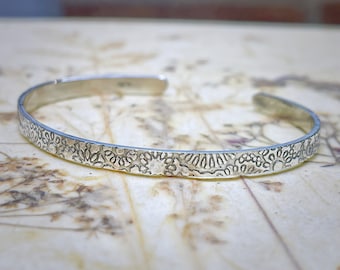 Handmade Sterling Silver Daisy Chain Cuff Bangle, Girls Cuff, Oval Shaped, With Open Ends, Adjustable, Floral Cuff Bracelet, Gift for Her