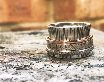 15mm Sterling Silver and 9ct Rose Gold Spinner Ring, Textured Spinner Ring, Botanic Spinner Ring, Meditation Ring, Worry Ring, Anxiety Ring