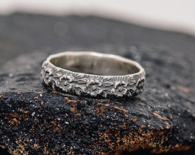 Wildwood Blossom Ring, 5mm Wide, Sterling Silver Floral Band,Rustic Camellia Inpsired Design, Statement, Unique Artisan Jewelry
